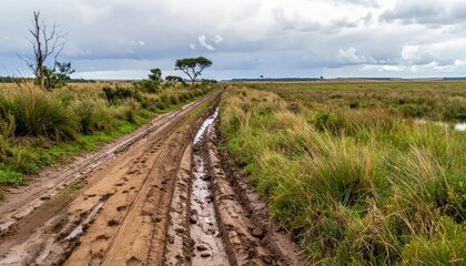 Fototapeta premium Muddy Path Through Lush Green Field Under Cloudy Sky Landscape