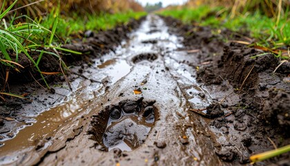 Fototapeta premium Fresh Animal Tracks in Muddy Trail Surrounded by Green Grass