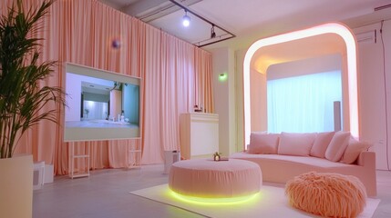 Fototapeta premium Influencer live streaming in a pink-accented room with LED lights and cozy furniture