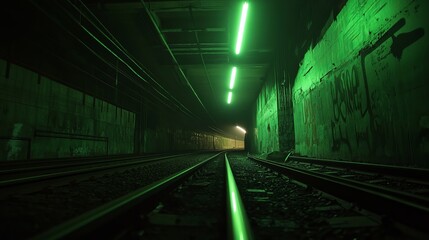 Dark green subway tunnel with graffiti and tracks urban exploration art city wall train light night