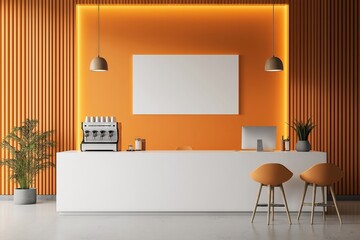 Contemporary Cafe Counter with Orange Ribbed Wall, Blank Sign, and Espresso Machine  