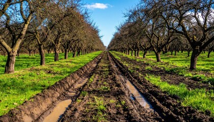 Expansive Orchard Landscape with Muddy Path and Blue Sky View