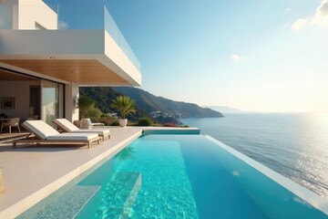 Fototapeta premium Sun-drenched villa with infinity pool overlooking ocean, tropical, modern