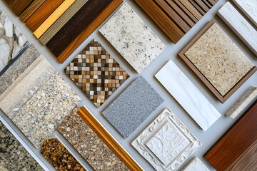 Assorted granite, wood, marble and tile samples on light gray surface, topdown view