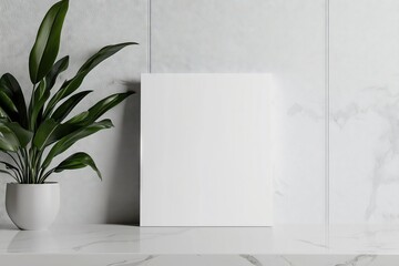 Minimalist Marble Shelf with Vertical Blank Canvas and Potted Plant Decor -  Space for Text
