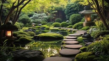 A serene Japanese garden with stone pathways and lanterns
