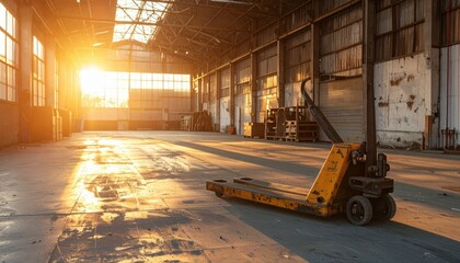 Fototapeta premium Sunrise Over Empty Warehouse with Pallet Jack on Floor
