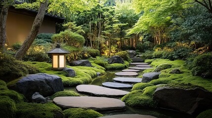 A serene Japanese garden with a stone path and lantern