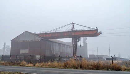 Obraz premium Foggy Industrial Scene with Crane and Warehouse in Urban Environment