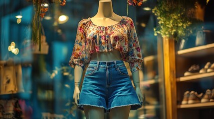 Obraz premium Mannequin display featuring a floral crop top and denim shorts in a boutique