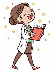 Happy female teacher with book on white background