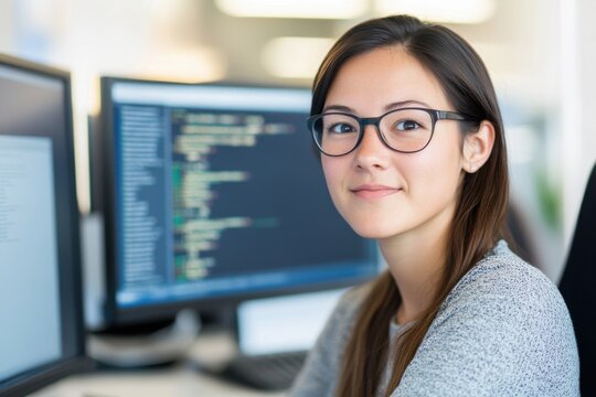 Young Woman with Glasses Working on Computer Programming Code