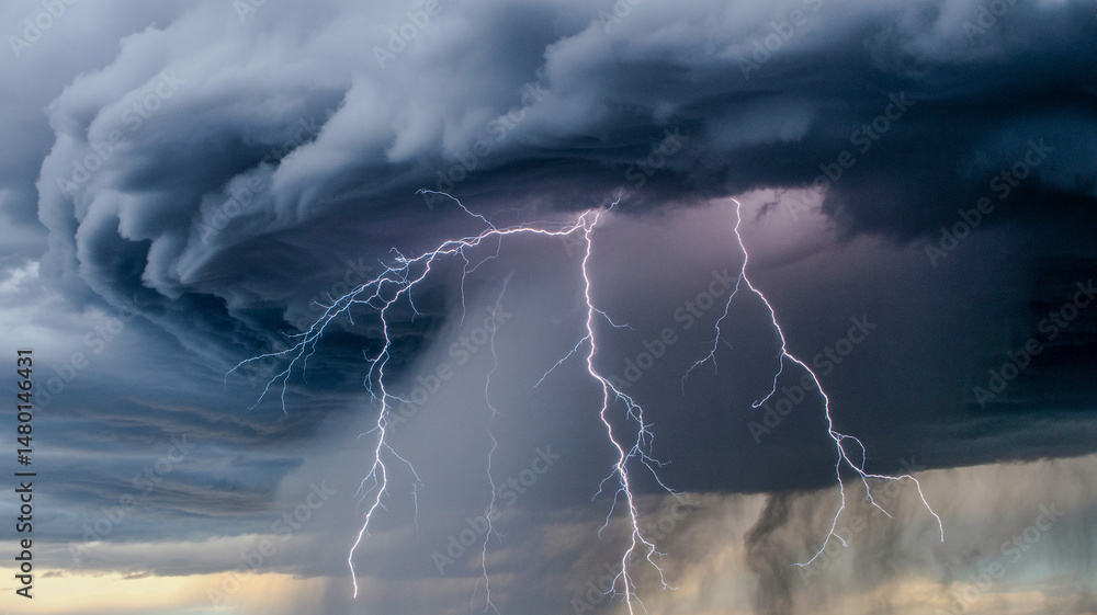 Poster black tempest clouds with lightning and skunk isolated on a transparent background