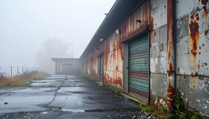 Abandoned Industrial Warehouse With Rusty Walls and Foggy Atmosphere