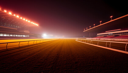 Desolate horse racing track as a dramatic sports backdrop, glowing neon. with white shades