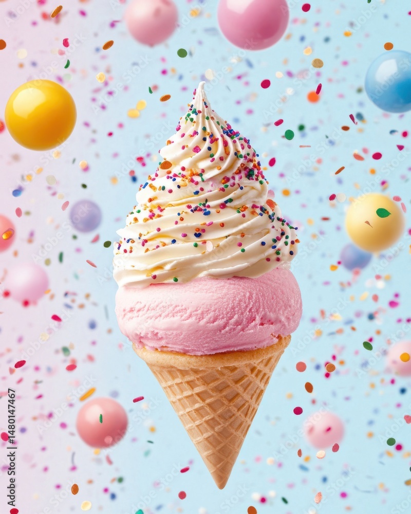 Poster ice cream cone with pink scoop and swirl frosting with sprinkles floating in colorful confetti