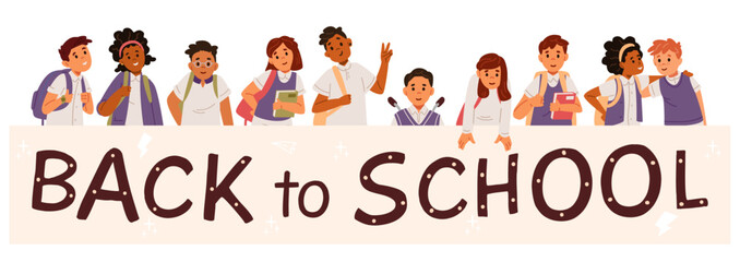 Back to school vector horizontal banner with illustrations of diverse school children in uniform near sign.