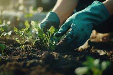 Naklejka premium Gardener planting seedlings in rich soil during golden hour at community garden