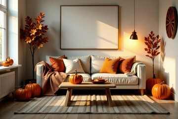 Cozy living room with autumnal decorations, warm lighting, pumpkins, and blankets , seasonal, gold