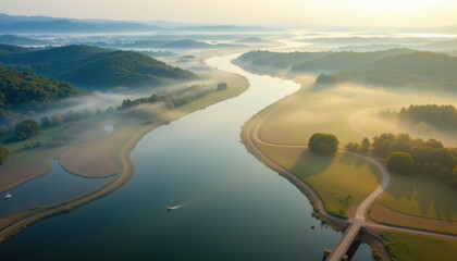 aerial view of a foggy river delta with soft tones realistic detail clean composition subject clarity commercial usability lifestyle scene product photography e commerce branding concept studio lighti
