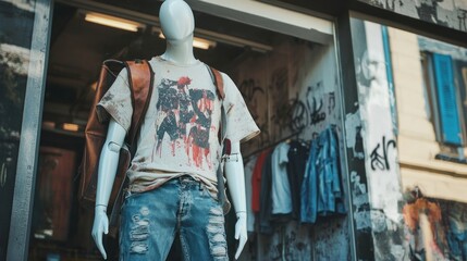 Fototapeta premium Urban display mannequin with backpack and distressed tee shirt in the city