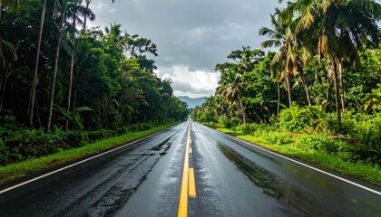 Fototapeta premium Serene Rainy Road Through Lush Tropical Forest Landscape