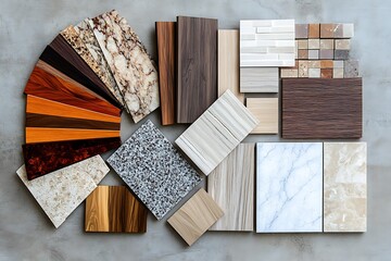 Assorted Wood Veneer and Stone Tile Samples Displayed on a Gray Concrete Surface