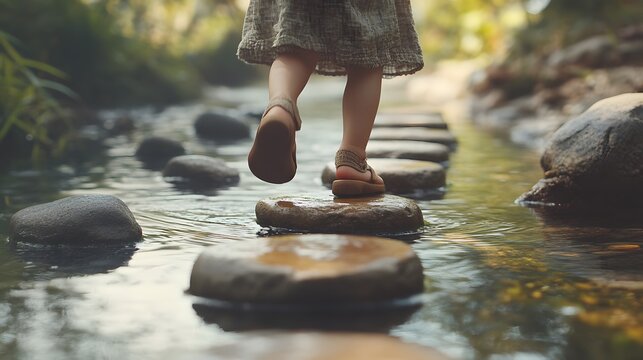 Young girl stepping stones river crossing adventure travel vacation summer footwear sandals nature photography