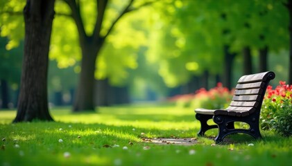 Empty park bench against a blurred background of lush green trees and vibrant flowers Perfect for peaceful, nature, or relaxation themes , leaves, outdoors