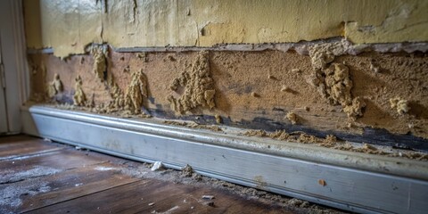 Closeup of termite damage to the baseboard and wall in a home, revealing the extent of the infestation and the need for professional pest control
