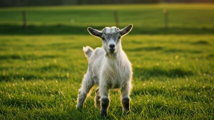 Adorable white baby goat kid standing in a sunny green field. Young goatling pasture during golden hour. Cute domestic livestock in rural setting. World Goat Day, May 16th.