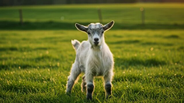 Adorable white baby goat kid standing in a sunny green field. Young goatling pasture during golden hour. Cute domestic livestock in rural setting. World Goat Day, May 16th.