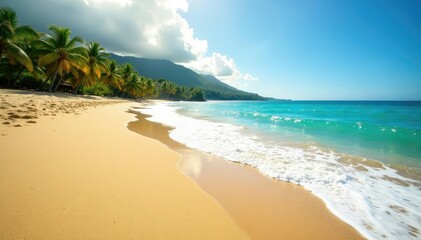 Golden sand meets turquoise waves, sun-drenched Costa Rican beach , sunny, pura vida