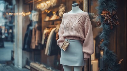 Obraz premium Chic store front display showcasing autumn fashion with seasonal decor
