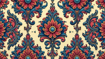Intricate damask pattern, elegant vector design, seamless repeat, ornate swirls and flourishes ,  symmetry,  flourishes,  style