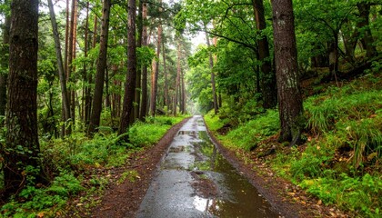 Fototapeta premium Serene Forest Pathway with Lush Greenery and Rainwater Puddles