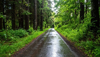 Fototapeta premium Serene Rainy Pathway Through Lush Green Forest Landscape