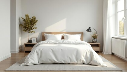 Modern minimalist bedroom, crisp white linens, empty, crisp, blank, uncluttered