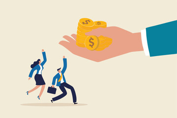 Employee bonus money, salary or income increase based on work performance or prize or gift to boost employee morale concept, giant boss hand giving stack of coins money to happy office workers.