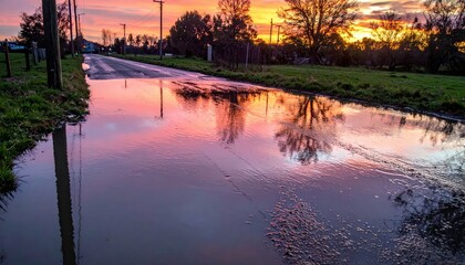 Obraz premium Serene Sunset Reflections on a Rural Road After Rainfall
