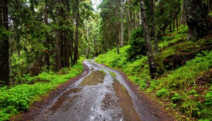 Obraz premium Serene Forest Trail with Reflections in Puddles After Rain