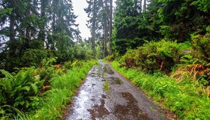 Fototapeta premium Serene Forest Trail after Rain with Lush Greenery and Wet Path