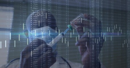 Male scientist filling syringe from vial in lab, merging finance with floating charts and data - Powered by Adobe