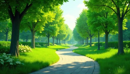 Obraz premium Serene park landscape design, featuring lush greenery and winding pathways , field, outdoor, ecology
