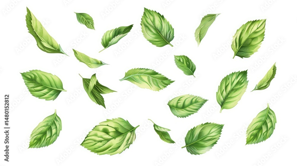Poster tropical leaves frame with mint green with white background. macro photography of green leaves place