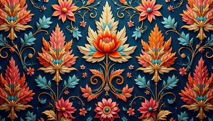 Intricate floral damask textile, opulent design, surface, aesthetic, style