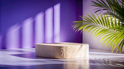 A white platform with a rough texture sits on a table against a purple wall with shadows, a leafy green palm branch sits beside it, casting shadows on the table.