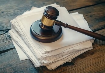 Obraz premium Gavel resting on a stack of papers