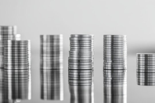 Stacks of silver coins arranged in varying heights reflecting on a smooth surface in a minimalist setting