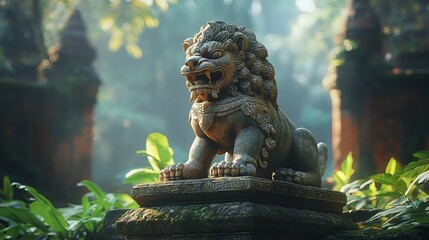 Ancient guardian statue within lush jungle temple